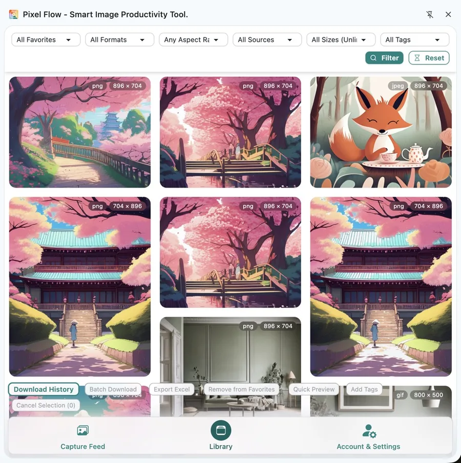 Pixel Flow 素材库中按筛选条件管理已收藏图片