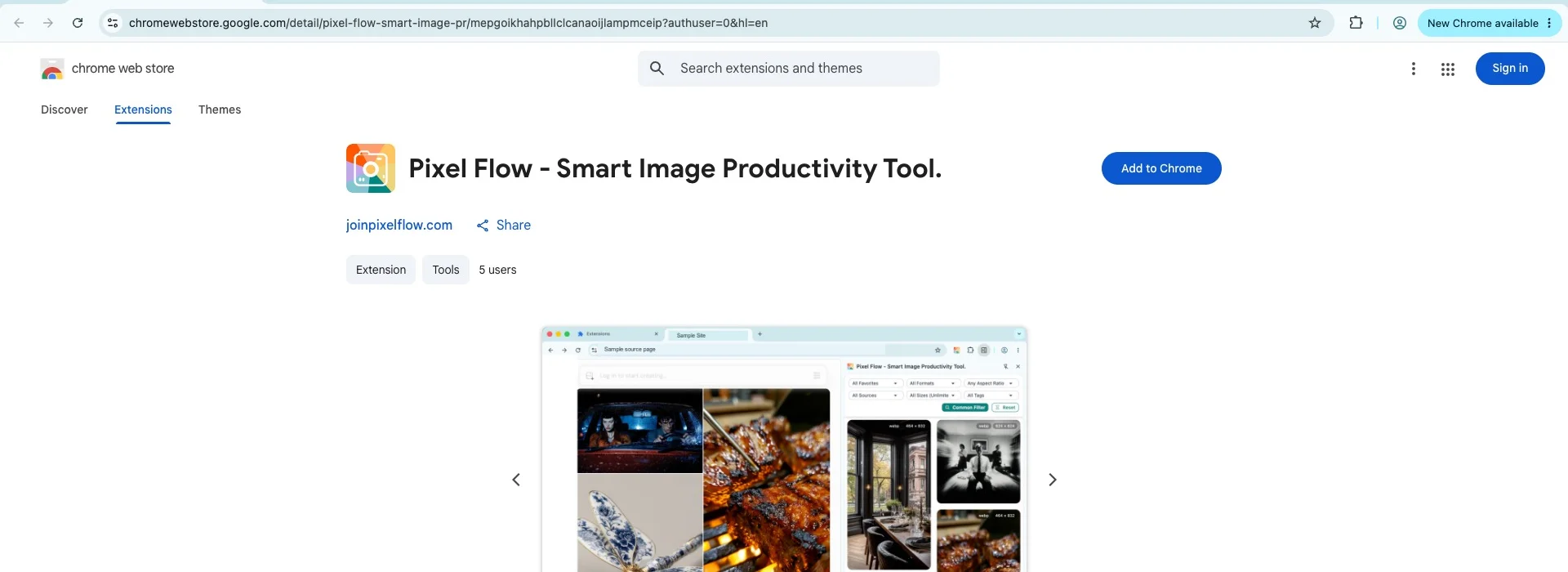 Chrome 应用商店中 Pixel Flow 的列表页,显示扩展名称、图标和蓝色的添加至 Chrome 按钮