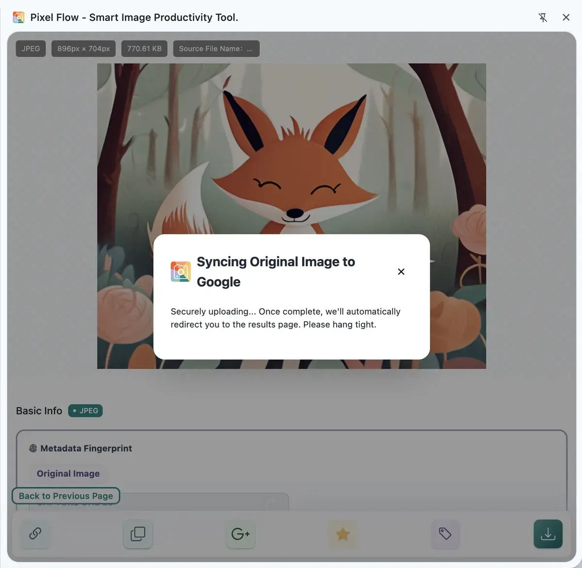 Pixel Flow 图片详情页中 Google 反向搜图提示正在同步原图
