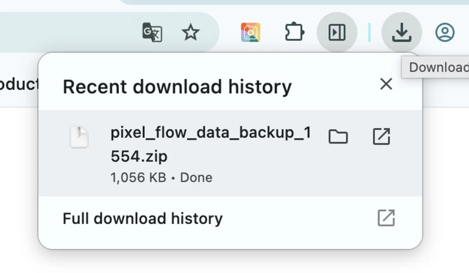 Chrome 下载面板中显示 pixel_flow_data_backup zip 备份文件已下载完成
